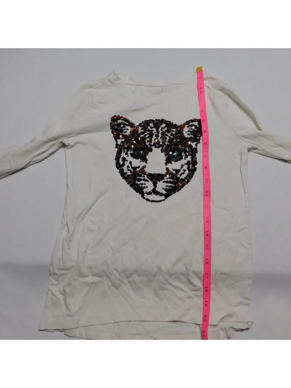 The Children's Place Girls White Sequin Leopard Face Long Sleeve Shirt Size L (1